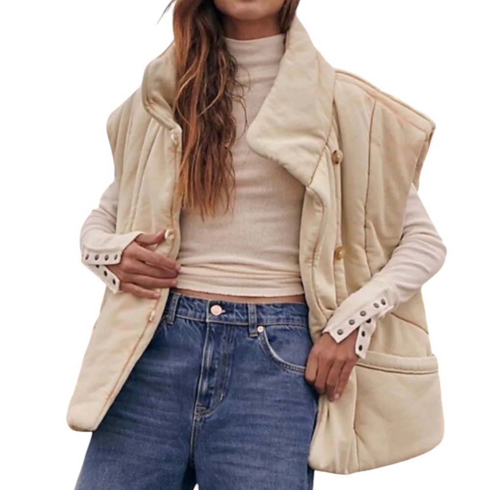Free People Roll With Us Puffer Vest Layering Pockets Vanilla Creme M Flaw Boho